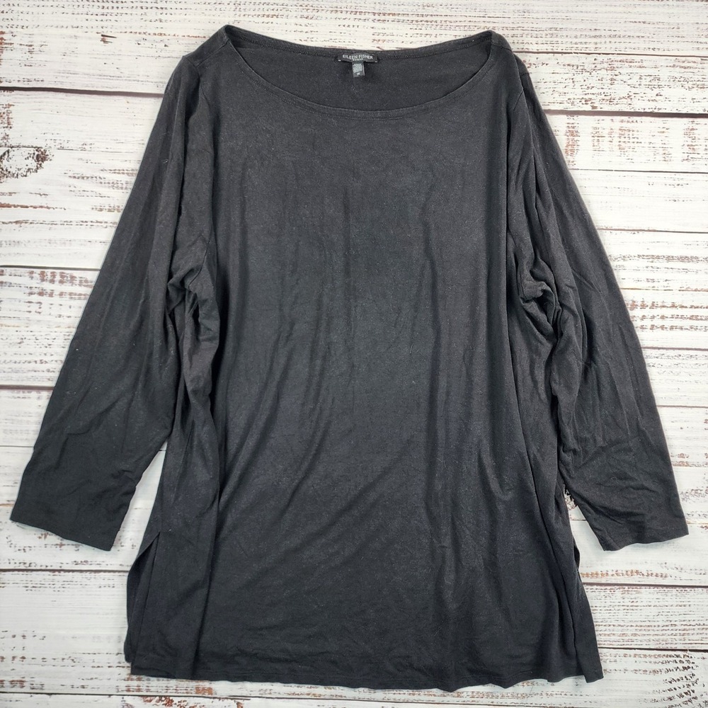 Eileen Fisher Woman Black Tencel Lyocell Boat Neck 3/4 Sleeve Top Plus Size 3X